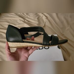 Aldo Black Leather Low Wedge Heel Sandals